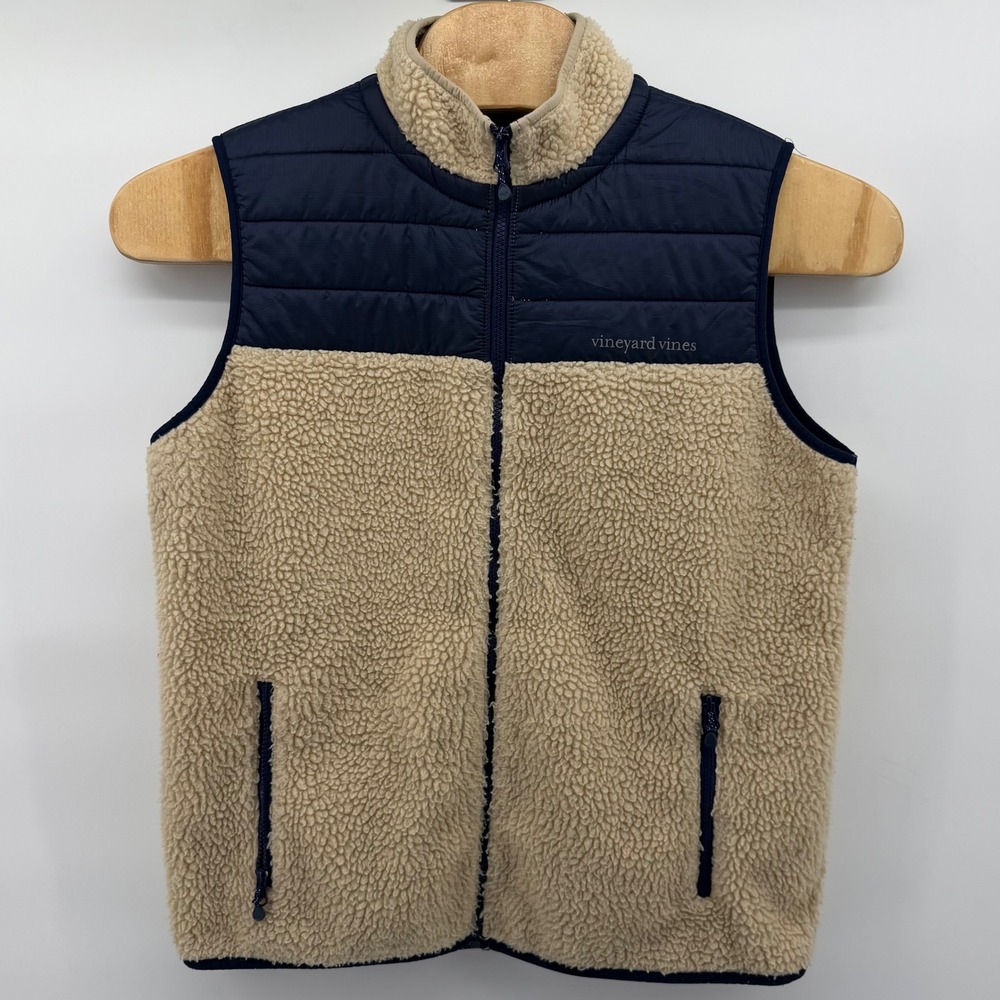 Vineyard Vines Mens Large Sherpa Fleece Vest Navy Tan Full Zip Puffer 100134